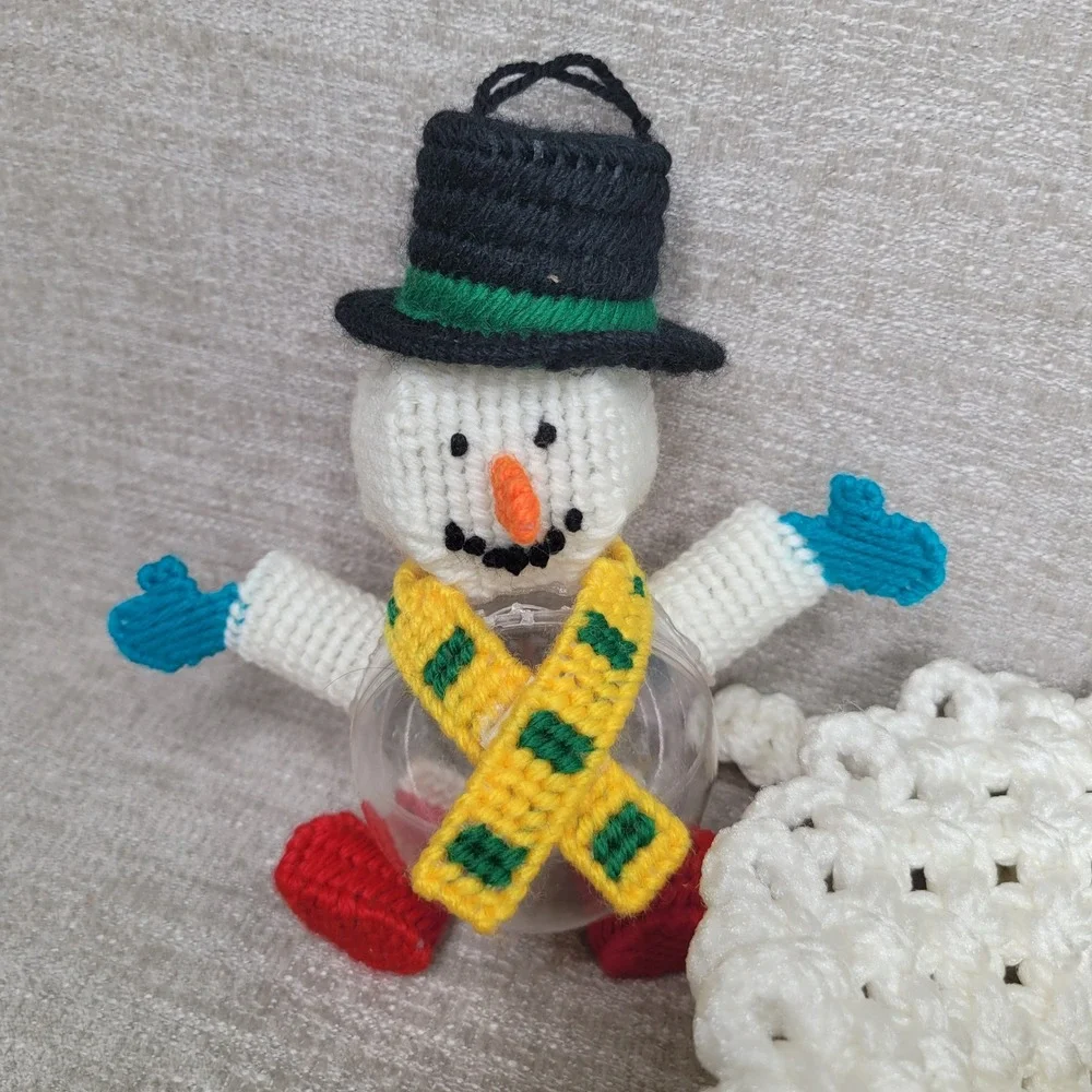 Vintage Handmade Plastic Canvas Snowman Penguin Sleigh Christmas Ornaments 4pc